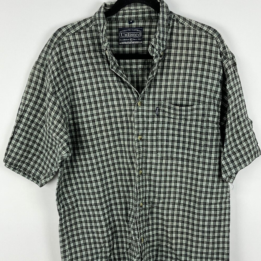 Unlisted Casual Button Shirt Size M Gray Blue Plaid Short Sleeve Collared Pocket